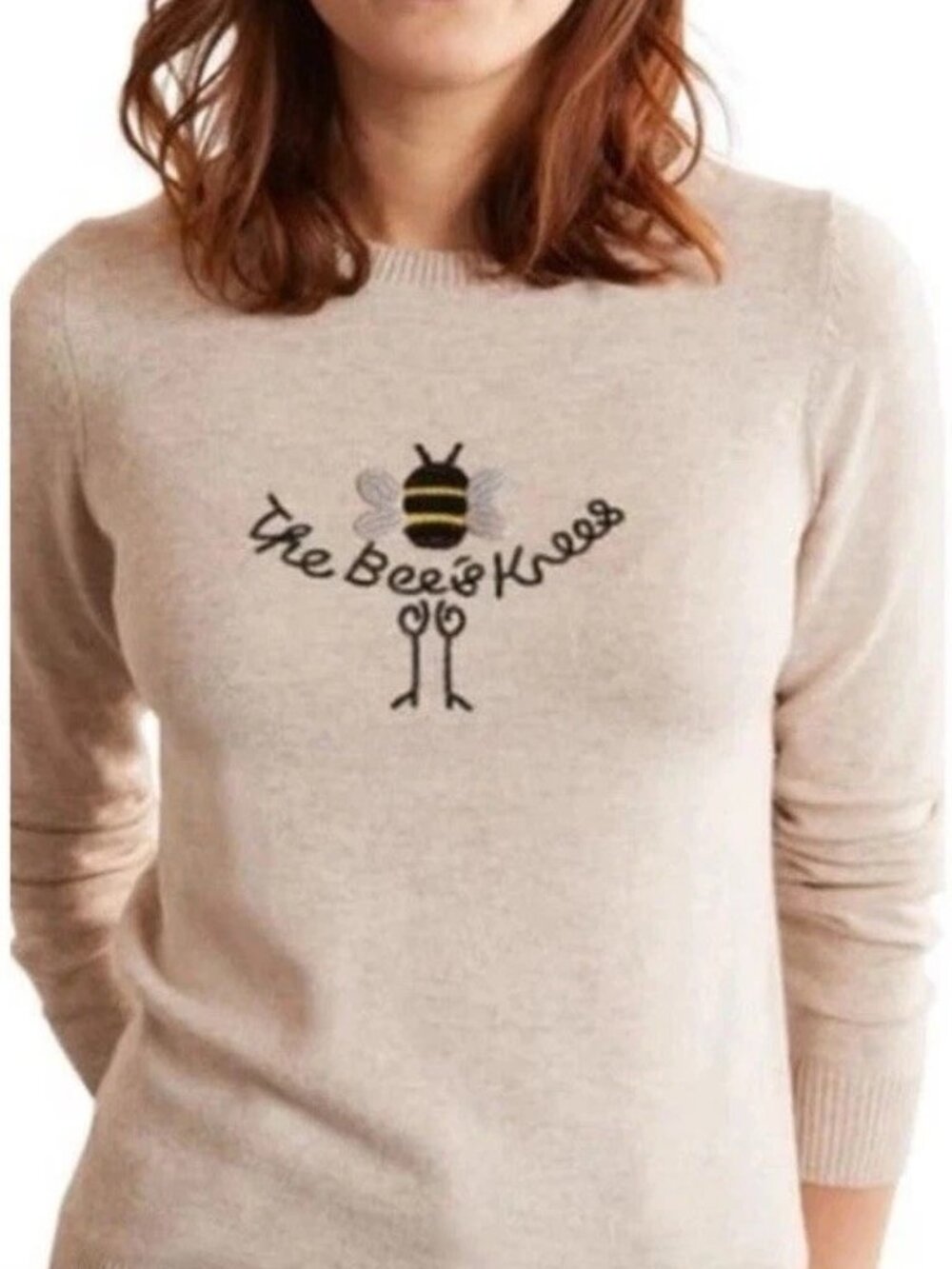 BODEN Estella Bee's Knees Sweater Large Beige Embroidered Cozy Crew Neck Preppy